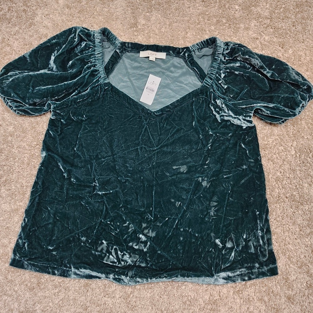 LOFT Velvet Square Neck Puff Sleeve Top Teal Green Women's Medium - Picture 3 of 6